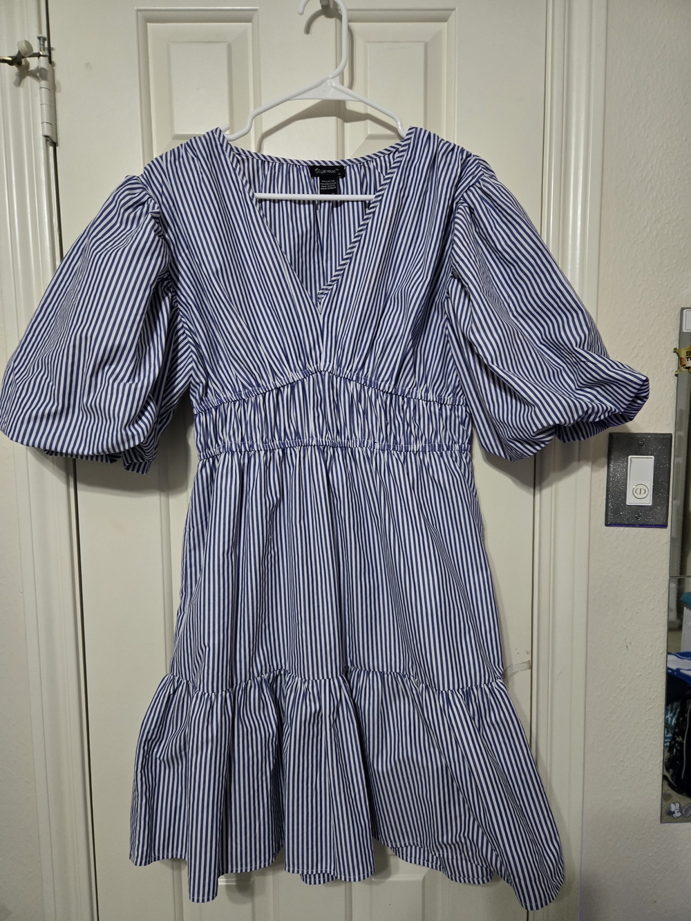 Striped Blue and White V-Neck Midi Dress with Puff Sleeves
